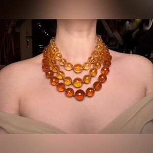 Vintage Coro Sunset Amber Orange Faceted Lucite Beaded Necklace Three Strand